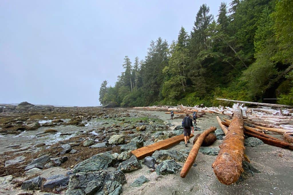 Hiking through rocks and fallen logs on a beach on the West Coast Trail.