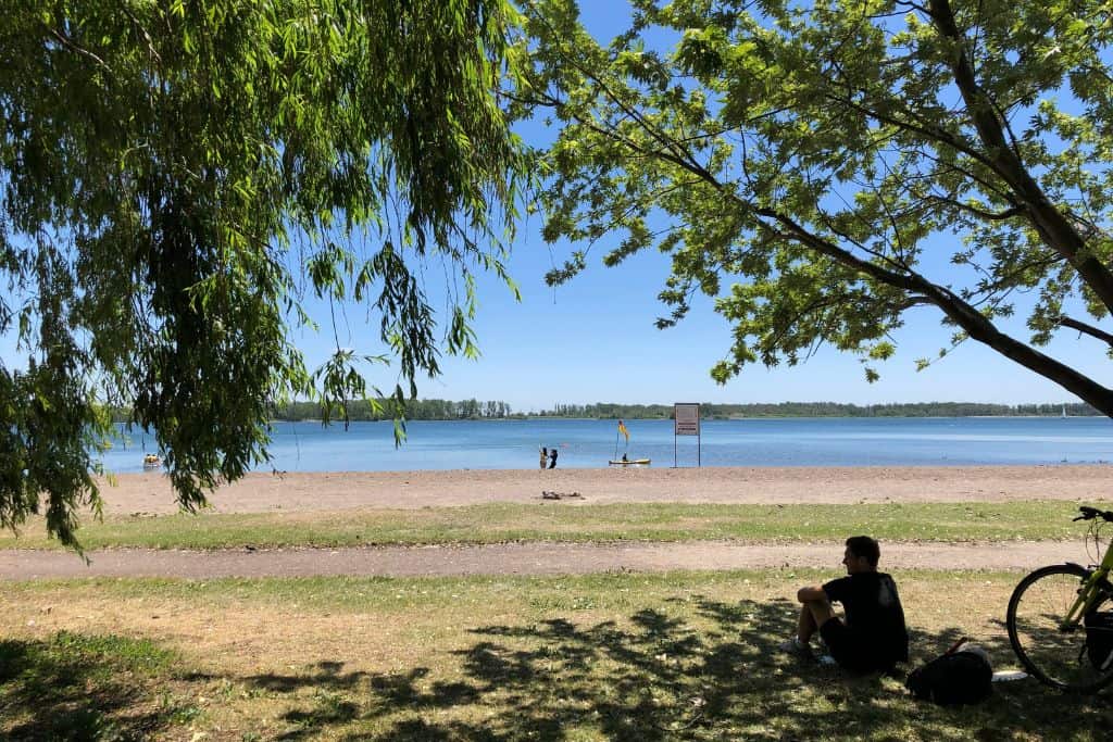 A man sitting in the shade under a tree at Cherry Beach in Toronto.