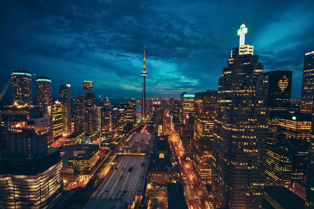 Nighttime aerial view of Toronto, which is one of North America's safest cities.