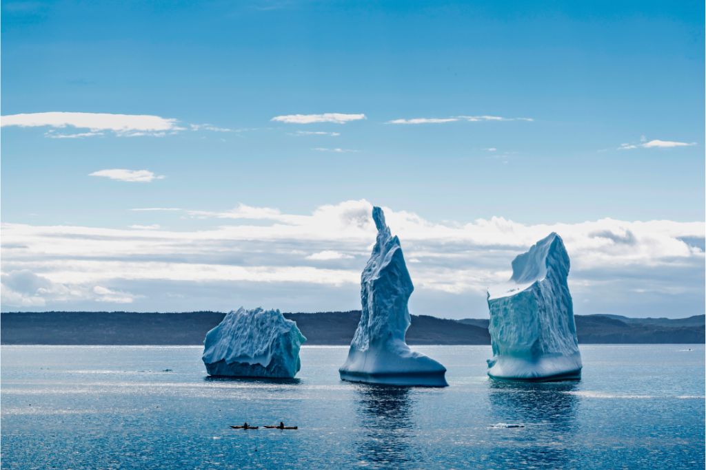 Two kayakers passing by three tall icebergs in the waters of iceberg alley in Newfoundland.