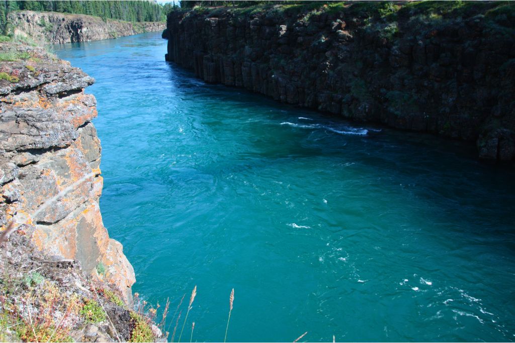 The bright blue Yukon River, which is one of the best places to go canoeing and kayaking in Canada.