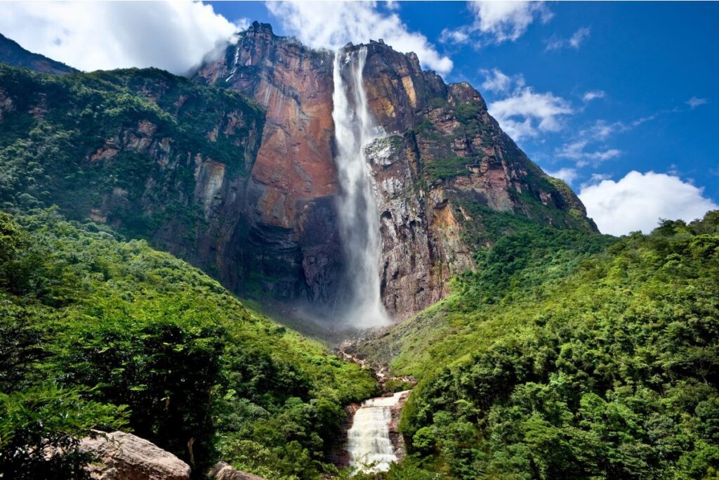 The view looking up at Angel Falls in Venezuela, which is the biggest waterfall in the world by height.
