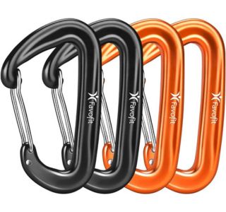 Two black and two orange heavy duty carabiners, which are one of the best gifts for backpackers under $25.
