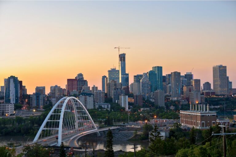 The view of the city skyline and Walterdale Bridge in Edmonton, the capital of Alberta.