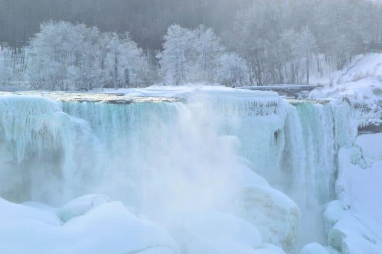 The frozen American Falls at Niagara Falls in winter.