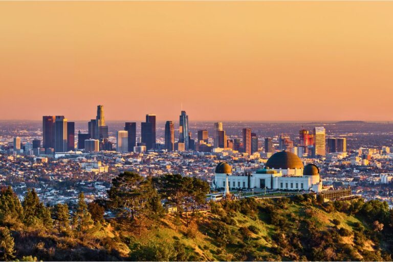 Aerial view of the Griffith Observatory at sunset, which can be visited in Los Angeles, California.