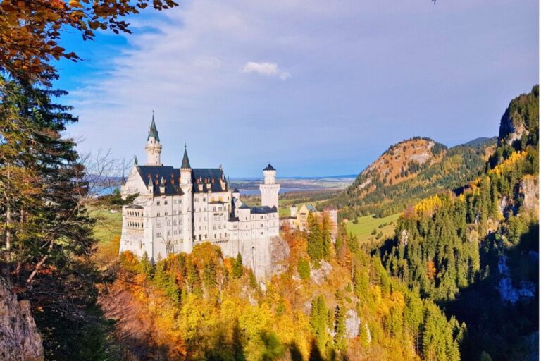 Neuschwanstein Castle in Bavaria in the fall, which is one of the best day trips from Munich.