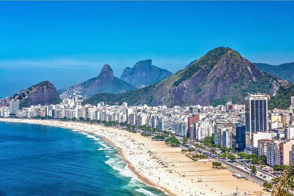 Aerial view of Copacabana Beach in Rio de Janeiro, Brazil.