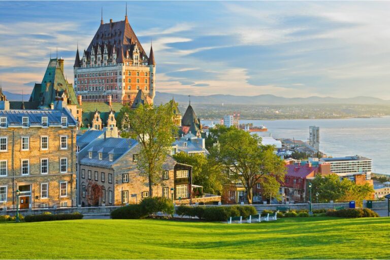 The view of the Quebec City skyline on a sunny summer day.