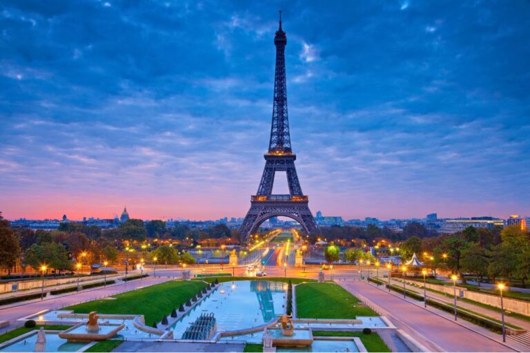 Tips for Visiting France: View of the Eiffel Tower in Paris at sunset.