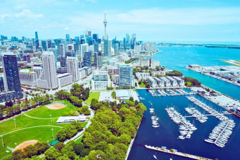 Aerial view of Coronation Park and downtown Toronto in summer.