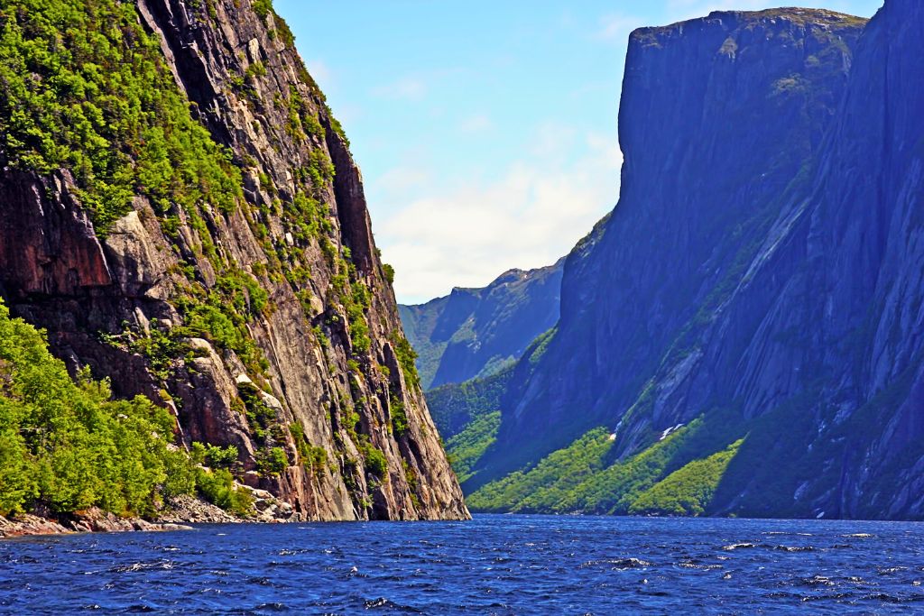 The mountains on either side of Western Brook Pond in Gros Morne National Park, Newfoundland, Canada.