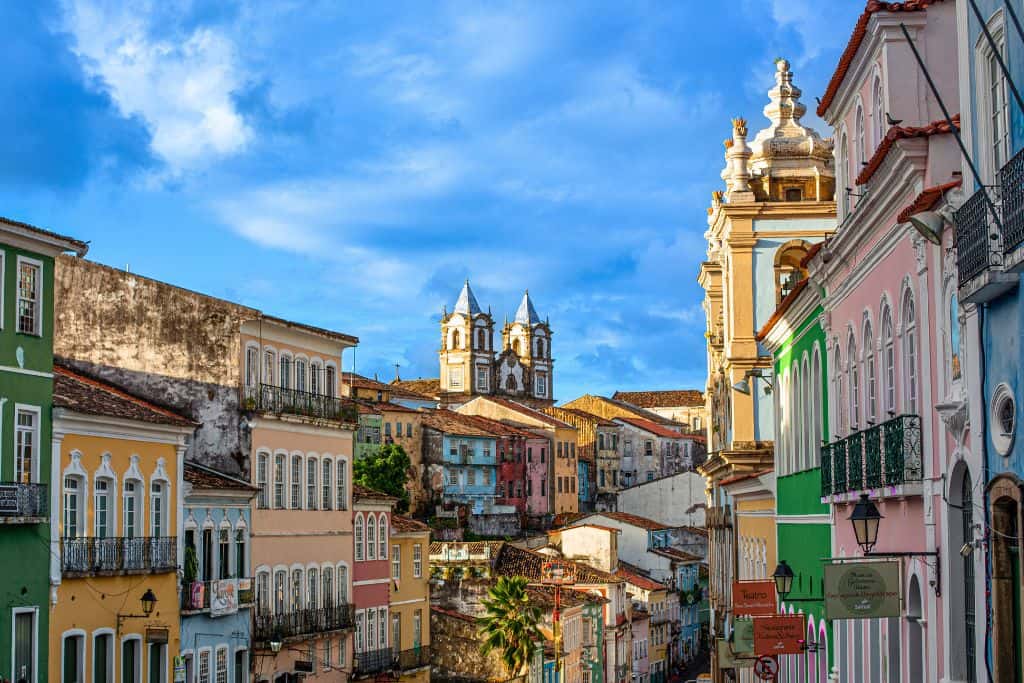 View of the colourful buildings in Salvador, Bahia.